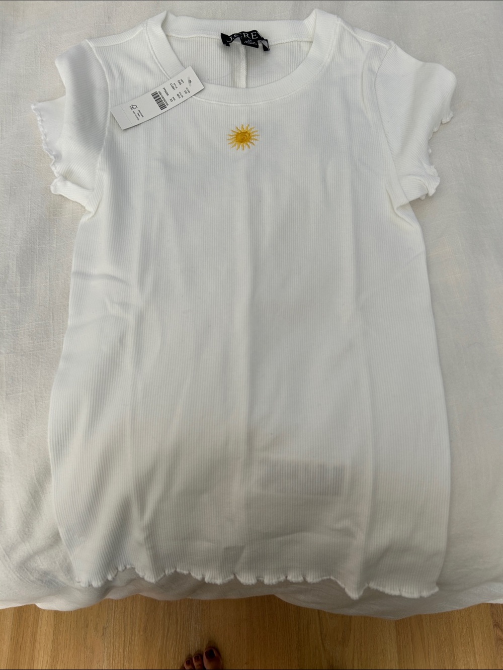 JCrew White Ribbed Tee with Yellow Sun Embroidery XS